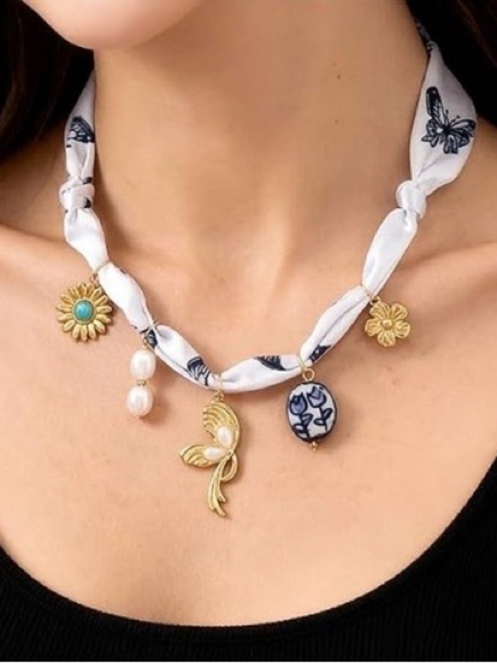 New Anthropologie White Scarf Necklace with Navy Butterfly Print & Gold Charms - Picture 3 of 5